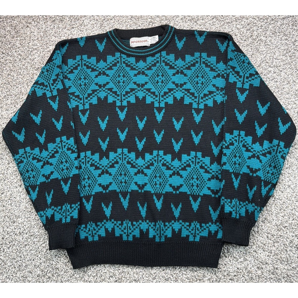 McGregor Men's Black Knit Sweater Size XL Fair‎ Isle 90s Vintage Acrylic
